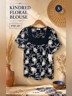 Kindred Navy Floral Empire-Waist Blouse Size Small NWT